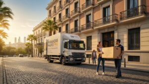 Camion de mudanzas y operarios con cajas en una calle de Madrid al atardecer