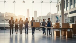 Equipo de trabajo trasladando cajas en una oficina